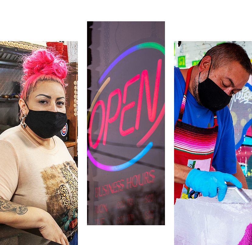 A collage of 3 images. The first image is a restuarant worker behind a counter. The second is a open sign, and the third is a man shaving ice for a snow cone.